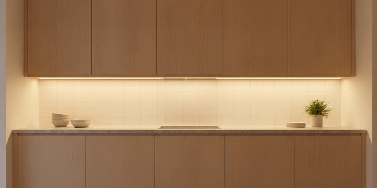 Warmweißer LED-Streifen unter den Hängeschränken leuchtet gleichmäßig auf eine Küchenarbeitsplatte