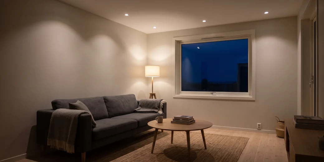Gedimmtes Licht im Wohnzimmer am Abend