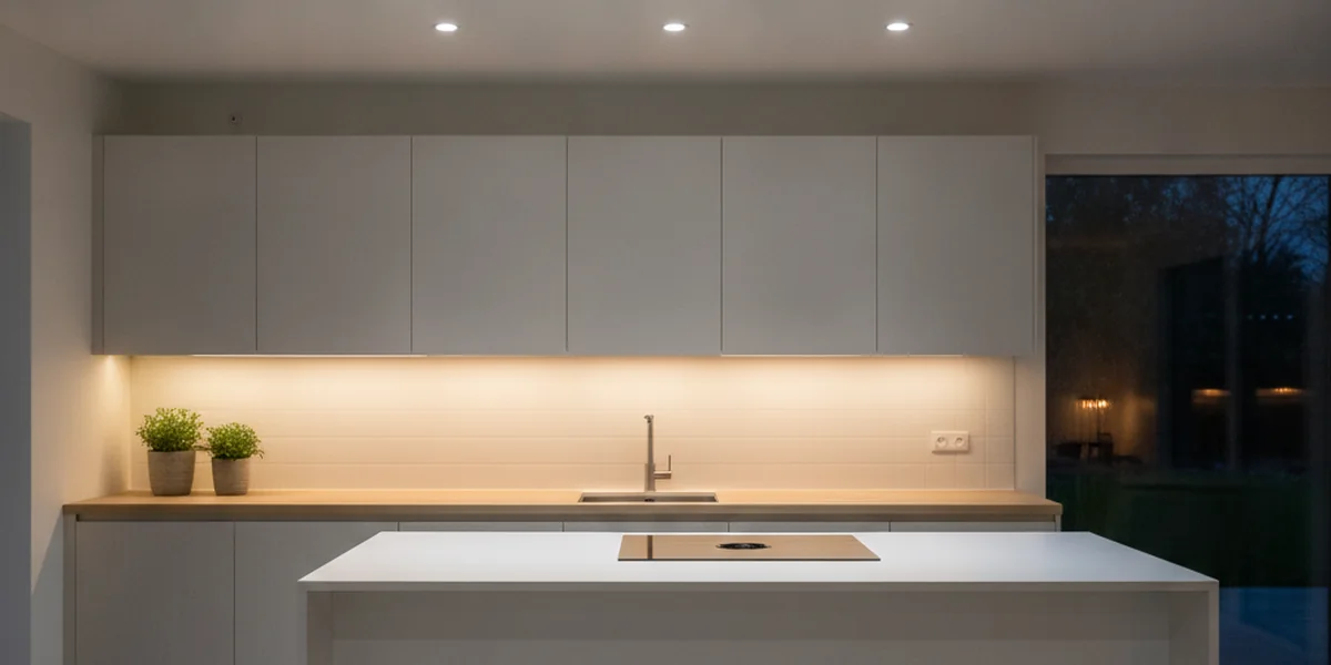 Moderne Küche am Abend mit zwei Lichtzonen: neutralweiße Downlights in der Decke und ein warmweißer LED-Streifen unter den Hängeschränken
