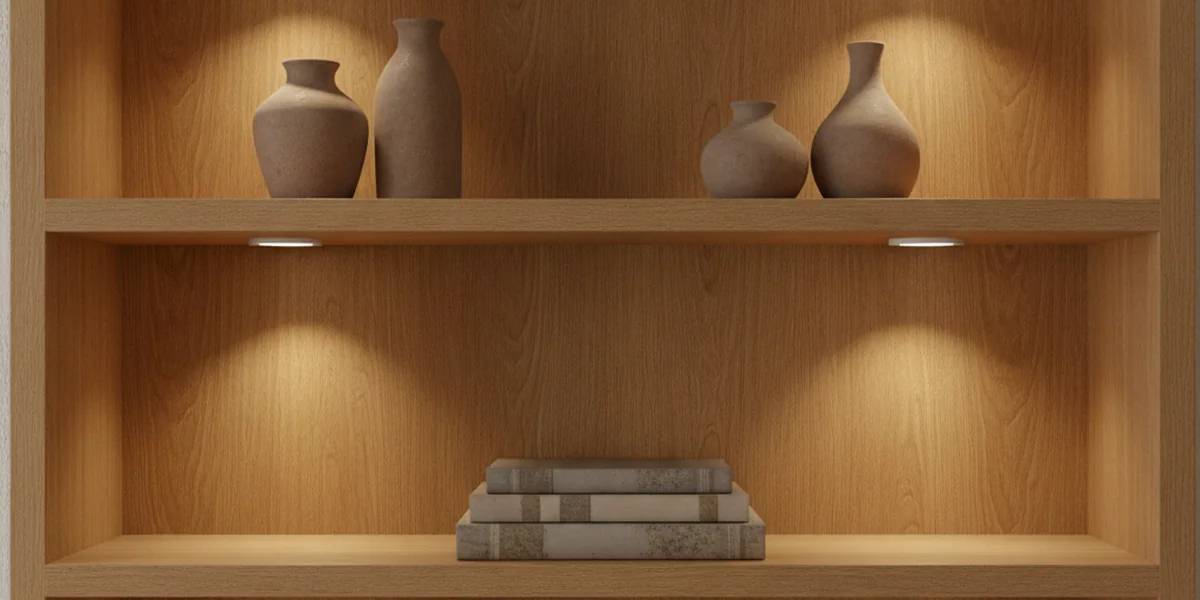 Zwei kleine, flache, runde Spots unter einem Regalboden aus hellem Holz werfen warmes Licht auf einen Bücherstapel, auf dem Boden darüber stehen vier Vasen