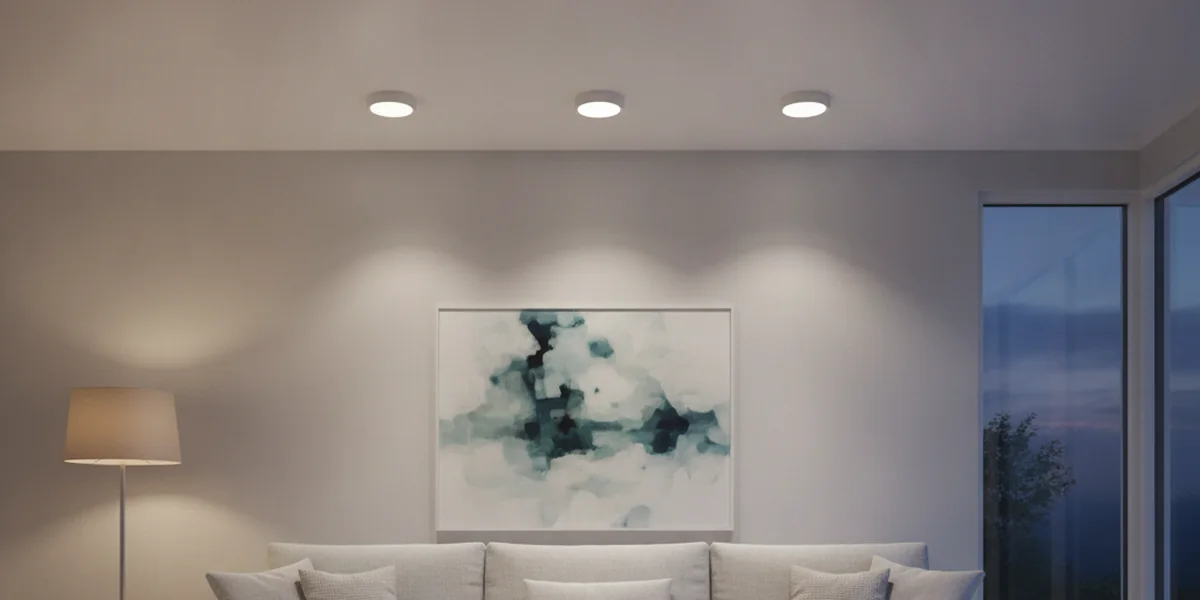 Wohnzimmer in der Dämmerung mit einer Reihe von drei Einbaustrahlern in einer weißen Decke über einem hellen Sofa und einem Gemälde