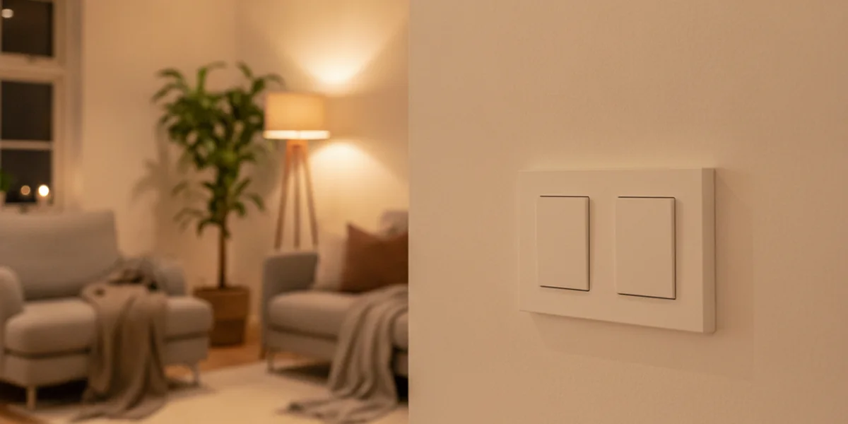 Wohnzimmer am Abend mit warmem Licht und zwei weißen Schaltern mit großen Wippen in einem Doppelrahmen an der Wand im Vordergrund