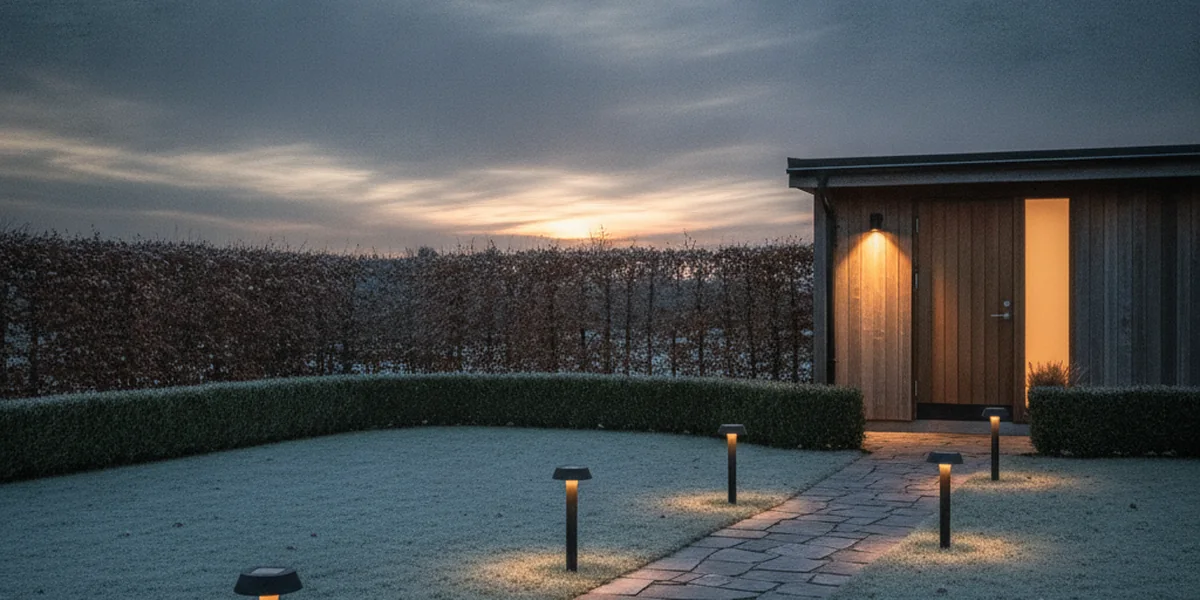 Schwarze Solarleuchten mit Erdspieß leuchten warm entlang eines Gartenwegs in der Winterdämmerung