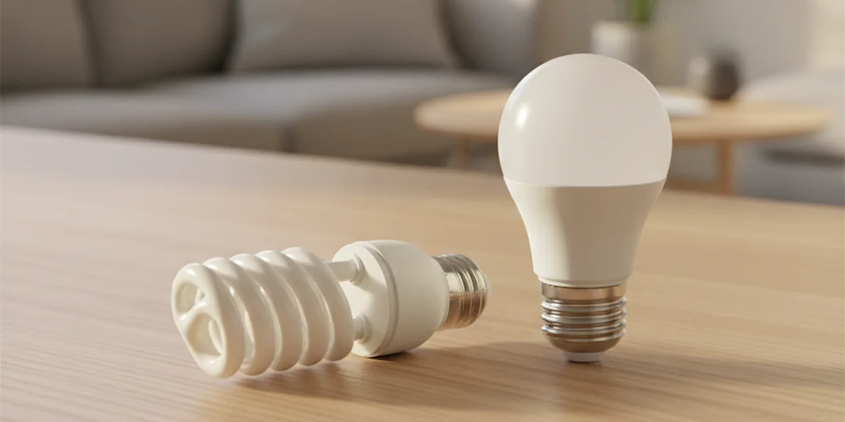 Eine weiße, spiralförmige Energiesparlampe liegt auf einem Holztisch neben einem matt-weißen LED-Leuchtmittel mit Schraubsockel