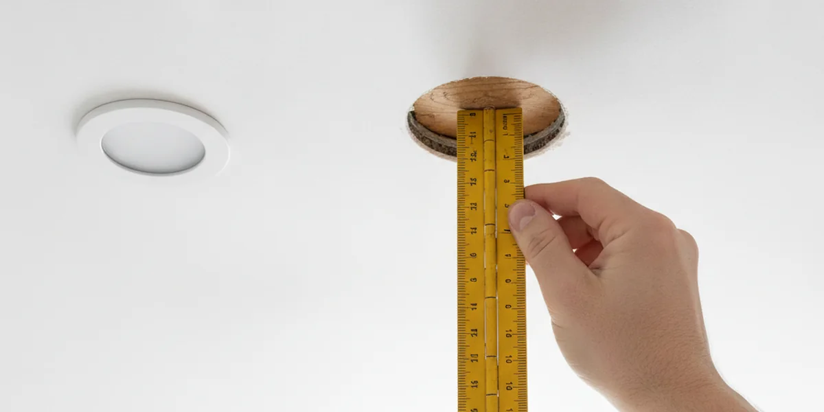 Eine Hand hält einen gelben Zollstock an ein rundes Loch in einer weißen Decke neben einem weißen, runden Einbaustrahler