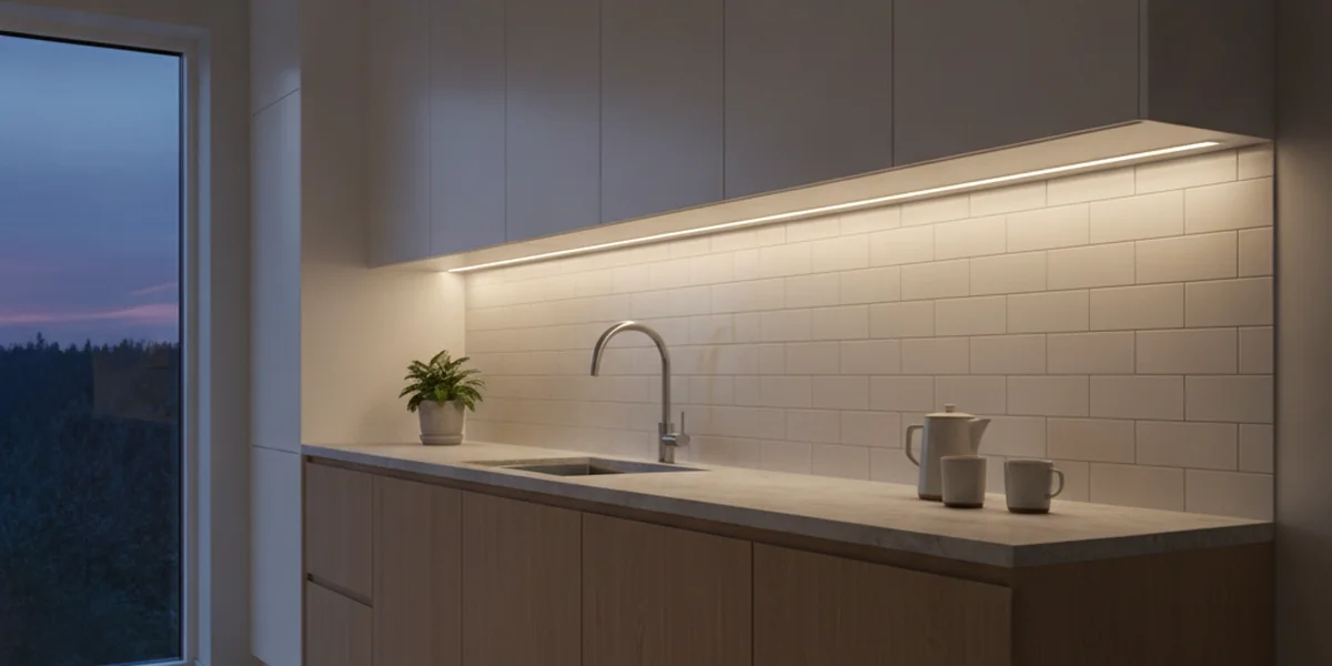 Küche in der Dämmerung mit einer gleichmäßigen warmweißen Lichtlinie unter den Hängeschränken, die auf eine helle Arbeitsplatte und weiße Fliesen leuchtet