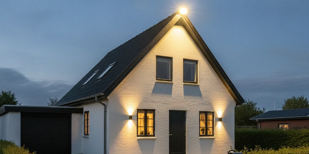 Haus in der Dämmerung mit Fluter am Giebel und Up-and-Down-Wandleuchten, die die Fassade anstrahlen