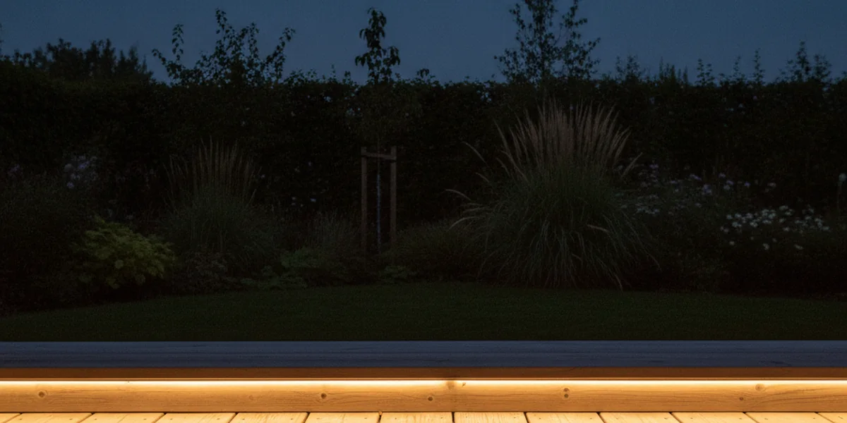 Warmweißer LED-Streifen an der Kante einer Holzterrasse in der Dämmerung