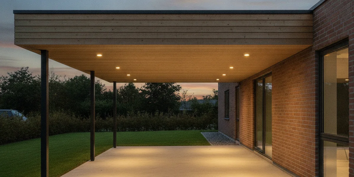 Carport an einem Backsteinhaus in der Dämmerung mit kleinen runden Einbaustrahlern in der Holzdecke, die warm auf einen Betonboden leuchten