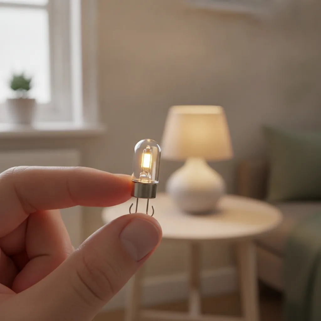 Nahaufnahme einer kleinen G9-LED-Lampe zwischen zwei Fingern, bei der die beiden dünnen Stifte deutlich zu sehen sind, vor einer kleinen eingeschalteten Tischleuchte in einem gemütlichen Wohnzimmer