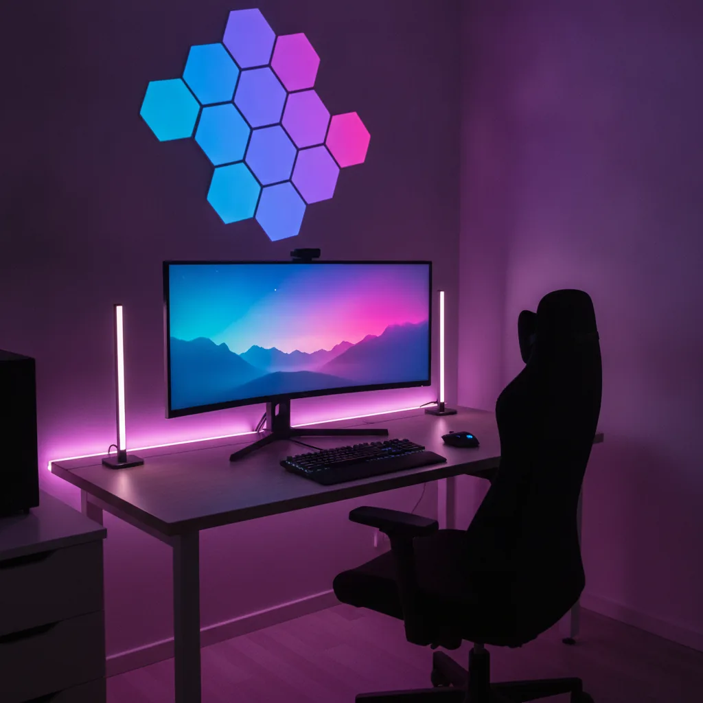 Schreibtisch mit gebogenem Monitor in einem dunklen Zimmer, zwei senkrechte Lichtleisten neben dem Monitor, eine leuchtende Linie entlang der hinteren Tischkante und eine Gruppe sechseckiger Lichtpanels in Blau, Lila und Pink an der Wand über dem Monitor