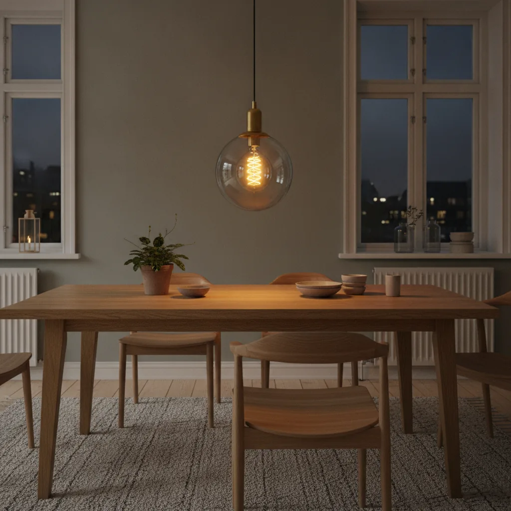 Große klare Globe-Lampe mit warm glühender Wendel in einer offenen Pendelleuchte aus Messing über einem Esstisch
