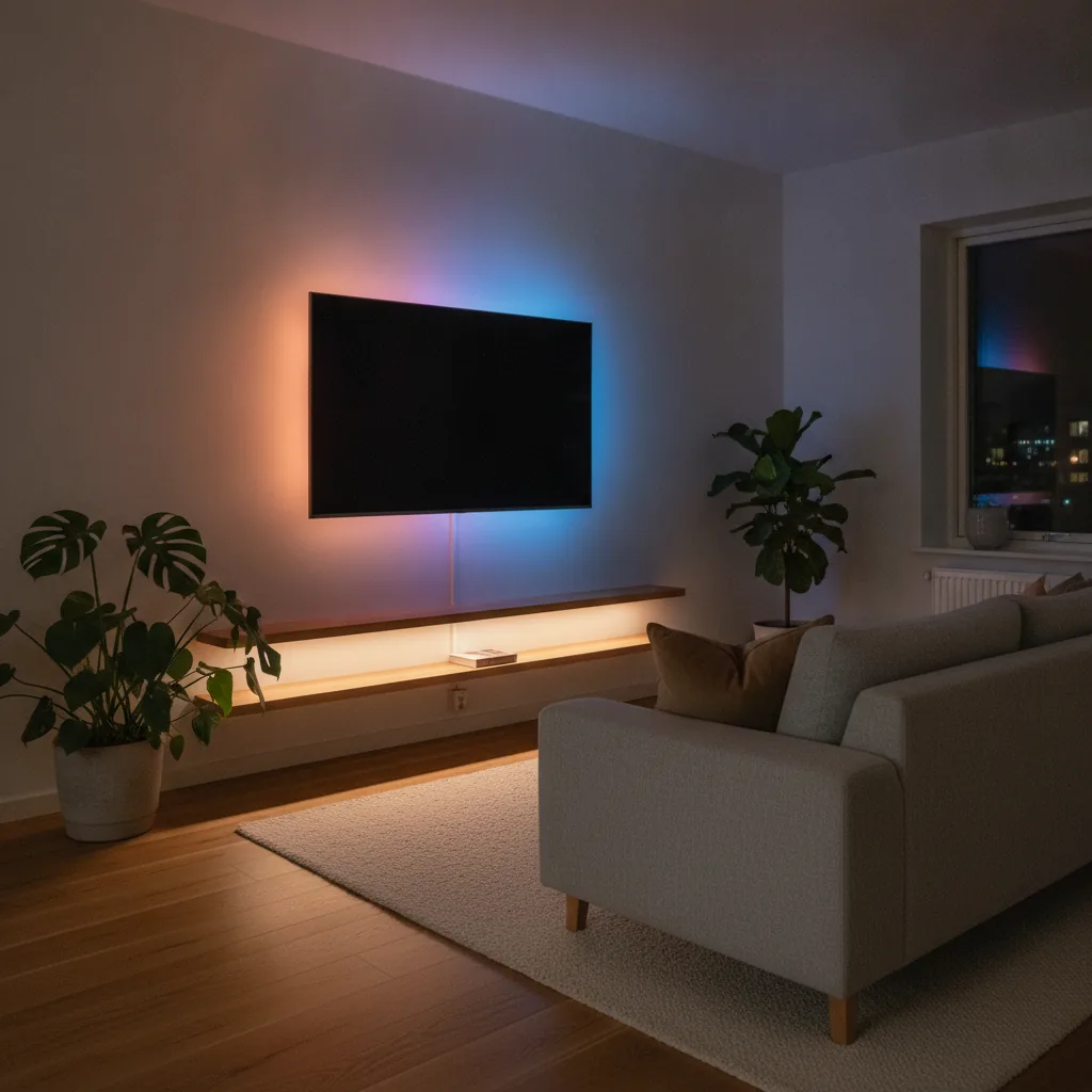 Dunkles skandinavisches Wohnzimmer am Abend mit farbiger Hintergrundbeleuchtung hinter einem an der Wand montierten Fernseher und einem LED-Streifen unter einem schwebenden Eichenregal