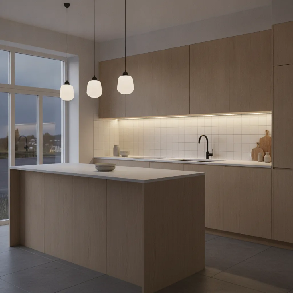 Moderne Küche in der Dämmerung mit einer durchgehenden warmweißen Lichtlinie unter den Oberschränken, die gleichmäßig auf eine helle Arbeitsplatte und weiße Fliesen leuchtet, drei Pendelleuchten über der Kücheninsel