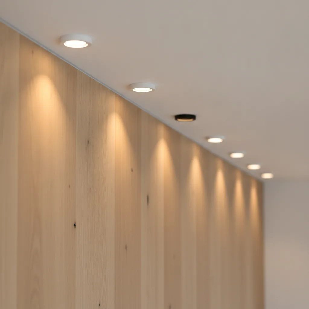 Reihe kleiner runder Einbaustrahler in einer weißen Decke, die warme Lichtkegel an einer Wand aus hellem Holz nach unten werfen