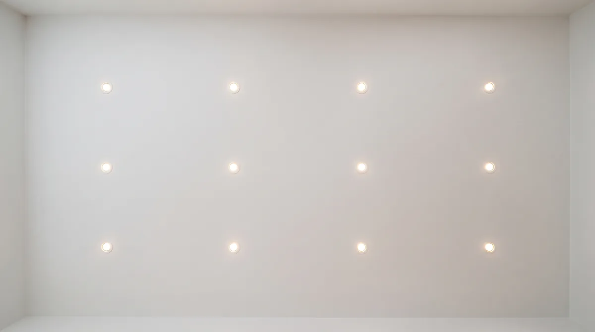 Zwölf eingeschaltete Einbaustrahler mit warmem Licht in einem regelmäßigen Raster von vier mal drei in einer weißen Decke