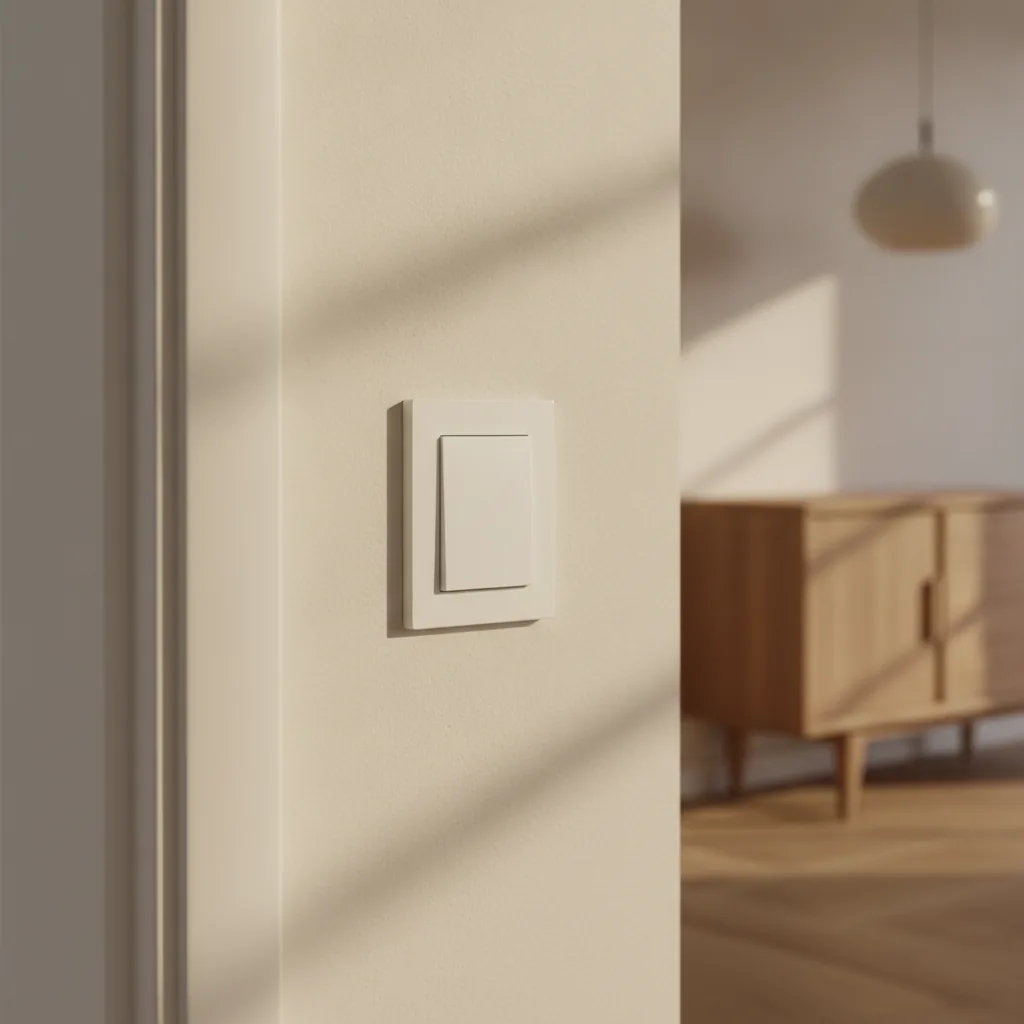 Weißer Lichtschalter mit einer großen Taste in einem schlichten weißen Rahmen an einer warmen, hellen Wand im Flur, mit Holzmöbel und Pendelleuchte im Hintergrund