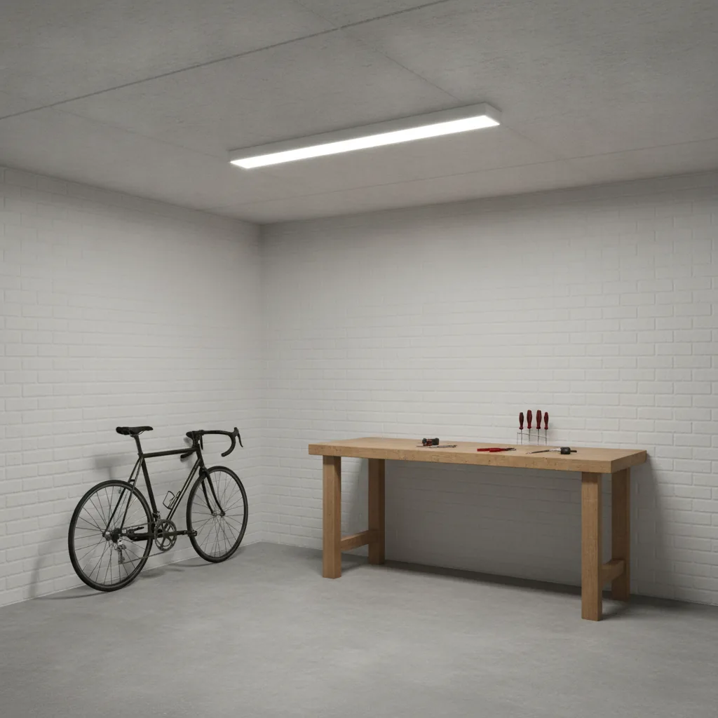 Weiße längliche LED-Leuchte flach an einer grauen Betondecke in einer Garage mit weißen Ziegelwänden, einer Werkbank aus Holz mit Werkzeug und einem Fahrrad an der Wand