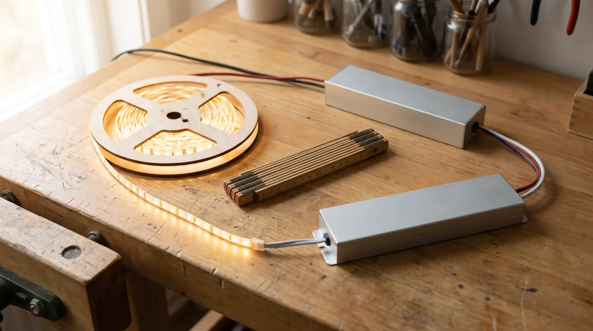 Rolle mit warmweißem LED-Streifen und zwei Niedervolt-Netzteilen auf einer Werkbank, darüber ein Zollstock