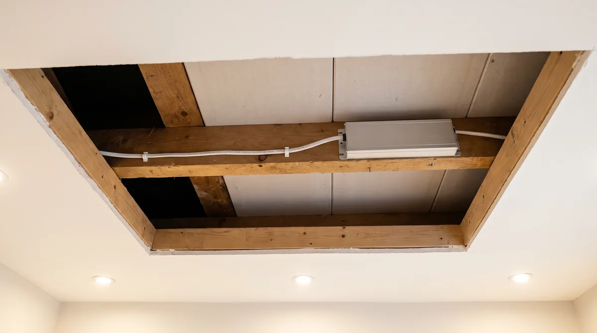 LED-Treiber an einem Balken im Hohlraum über einer abgehängten Decke verschraubt, gesehen durch eine offene Revisionsklappe, mit sauber verlegtem Niedervoltkabel zu einer Reihe von Einbaustrahlern