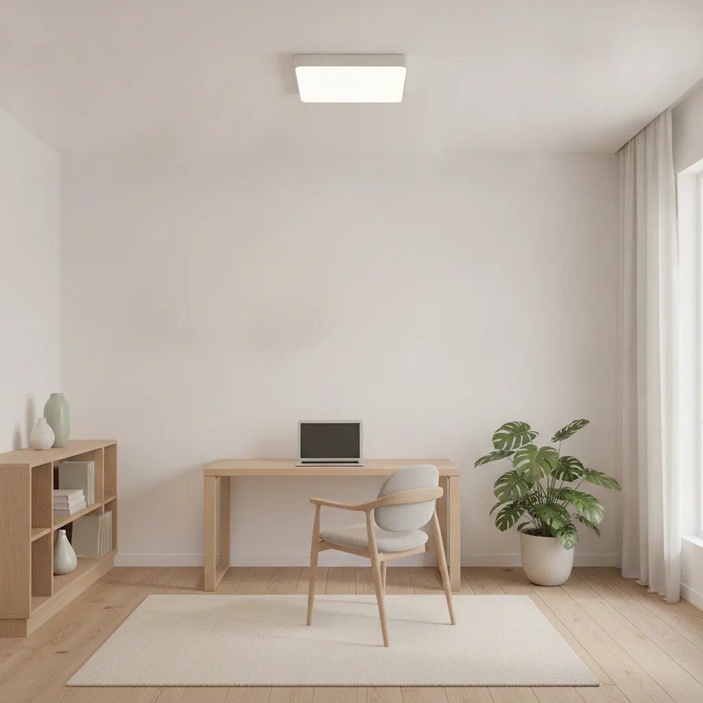 Homeoffice mit einem quadratischen LED-Panel an der Decke, das gleichmäßiges neutralweißes Licht über den Schreibtisch gibt