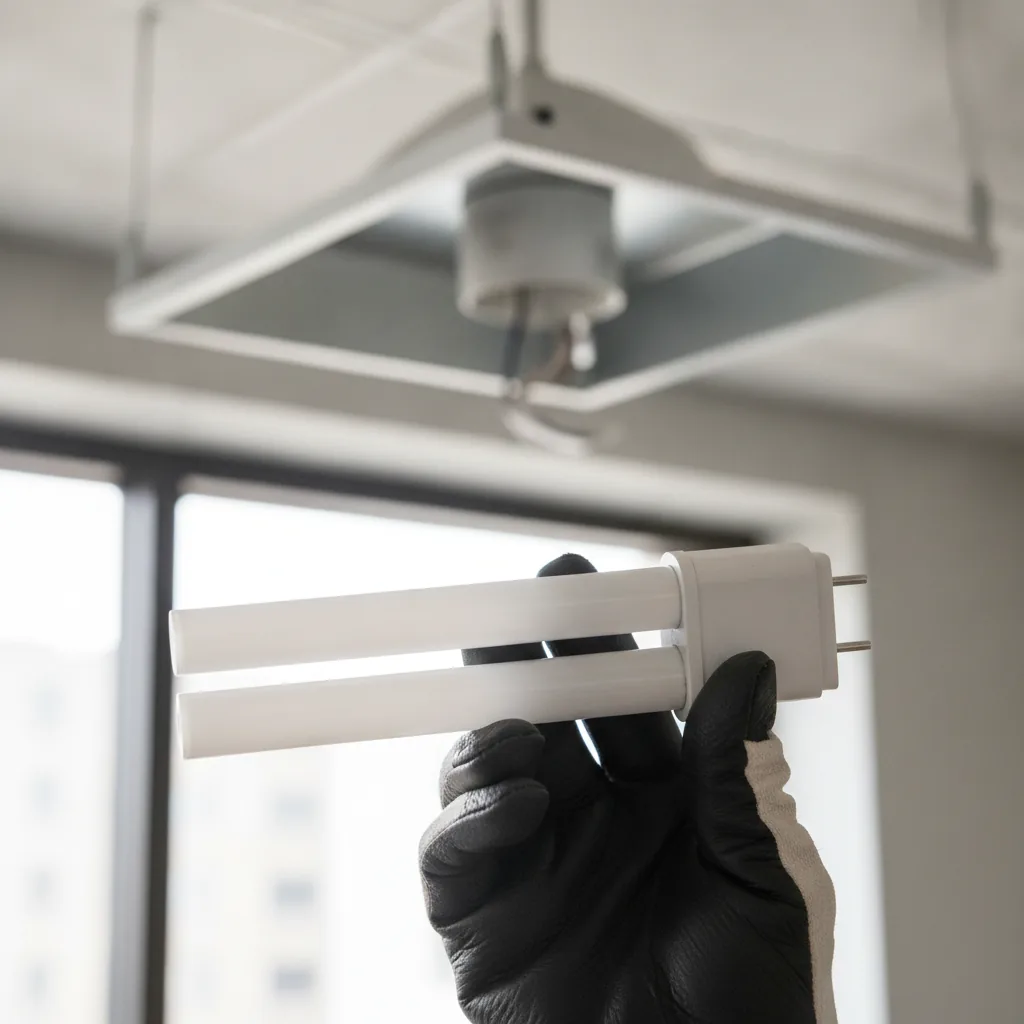 Eine Hand in schwarzem Arbeitshandschuh hält eine weiße PL-Lampe mit zwei parallelen Röhren und zwei kurzen Metallstiften im Sockel; im Hintergrund hängt eine geöffnete Deckenleuchte