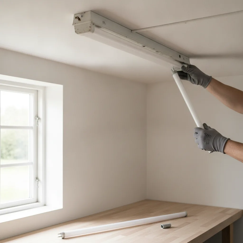 Hände in grauen Arbeitshandschuhen halten eine weiße Röhre an eine längliche Deckenleuchte in einem hellen Raum mit Fenster; auf einem Holztisch darunter liegen eine weitere Röhre und ein kleiner Zylinder