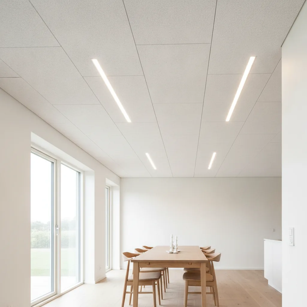 Helles Esszimmer mit weißer Akustikdecke aus rechteckigen Platten; vier schmale, leuchtende Schienen sitzen in den Fugen zwischen den Platten über einem Esstisch aus hellem Holz
