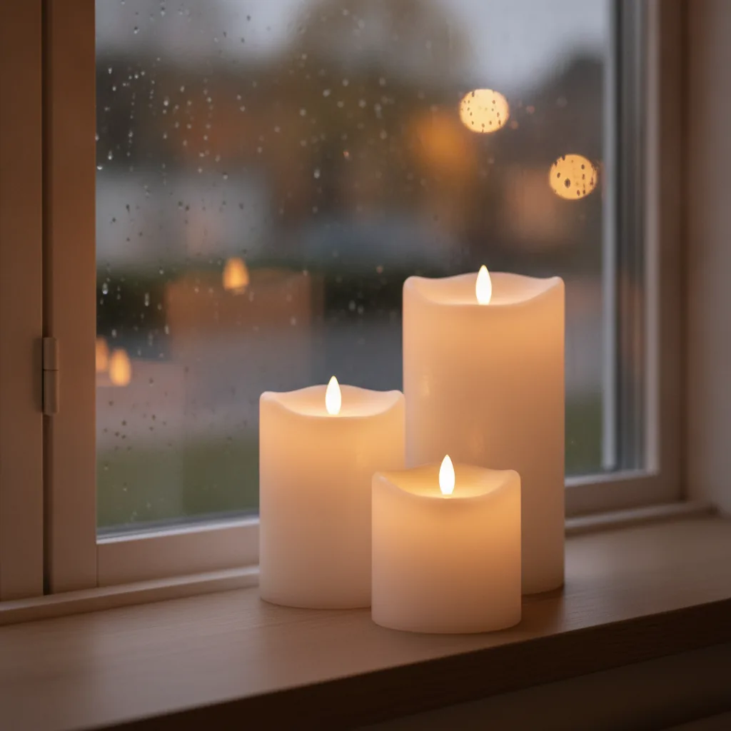 Drei weiße LED-Stumpenkerzen aus echtem Wachs mit kleinen warmweißen LED-Flammen auf einer Fensterbank, während draußen der Regen an der Scheibe herunterläuft
