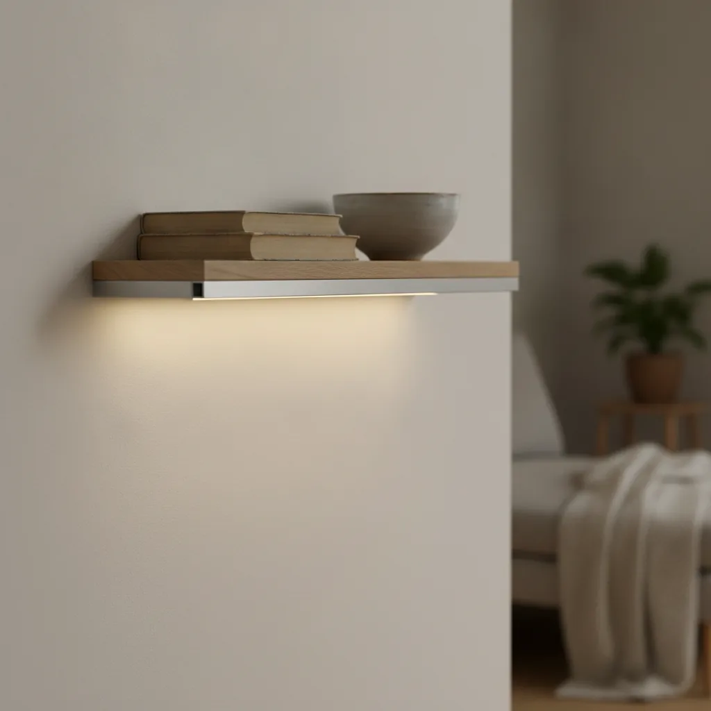 Gebürstetes Aluprofil mit matter Opal-Abdeckung unter einem Eichenregal an einer hellen Wand, mit einer gleichmäßigen warmweißen Lichtlinie die Wand hinunter