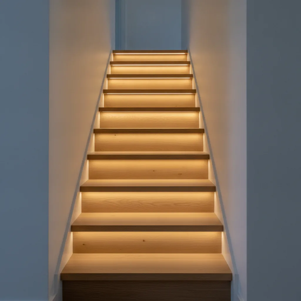 Warmweiße LED-Streifen unter der Vorderkante jeder Treppenstufe zeichnen im Abendlicht Lichtlinien auf eine Holztreppe