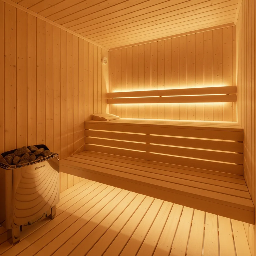 Helle Holzsauna mit zwei Bänken, in der warmweißes Licht hinter der Rückenlehne hervor und über die Bänke scheint; in der Ecke steht ein Saunaofen mit Steinen