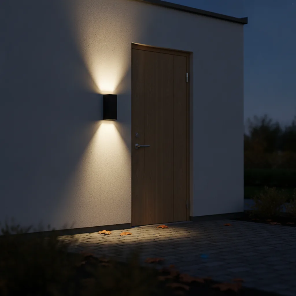 Schwarze eckige Außenwandleuchte an einer Haustür, die in der Dämmerung warm nach oben und unten über eine helle Fassade leuchtet