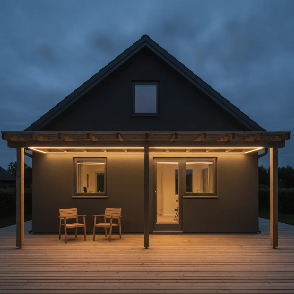 Warmweiße, durchgehende COB-Lichtlinie unter der Kante einer Holzpergola über einer Terrasse an einem dunklen dänischen Einfamilienhaus in der Dämmerung