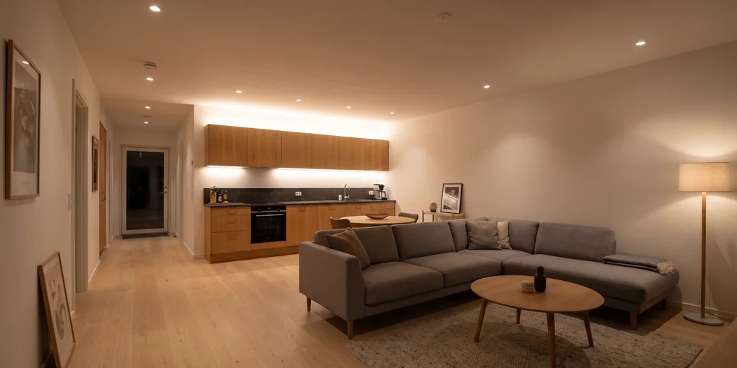 Wohnzimmer und Küche in einem Raum, die Küchenseite ist heller beleuchtet als der Wohnbereich