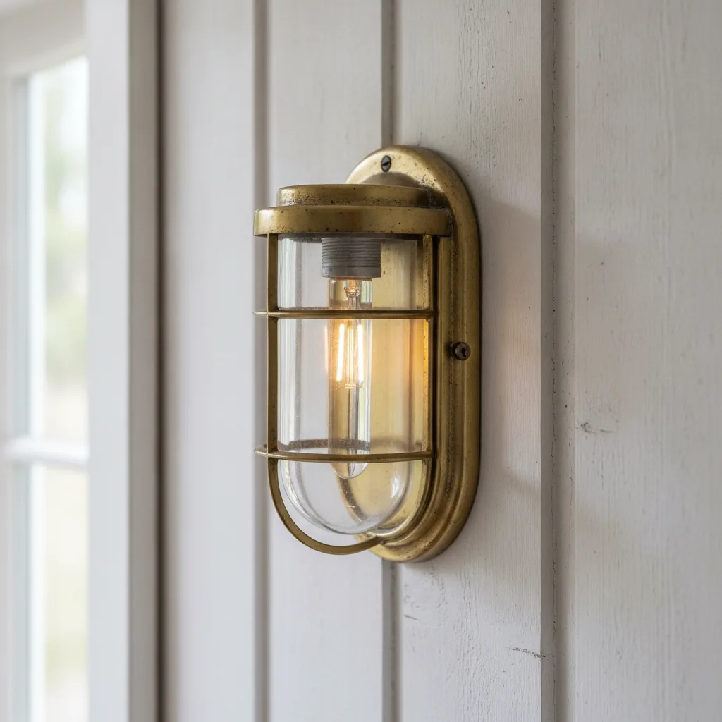 Schiffslampe aus Messing mit Glaszylinder und Gitter an einer weiß gestrichenen Bretterwand; darin leuchtet warm eine schlanke, klare Röhrenlampe mit sichtbaren Filamenten