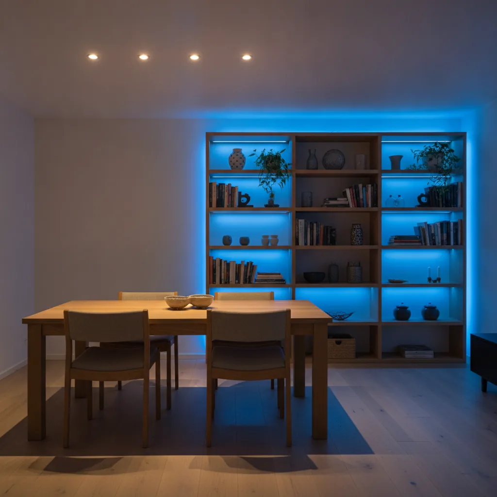 Wohnzimmer mit zwei Lichtzonen: vier warmweiße Downlights über dem Esstisch und ein Regal, das von hinten in tiefem Blau beleuchtet wird