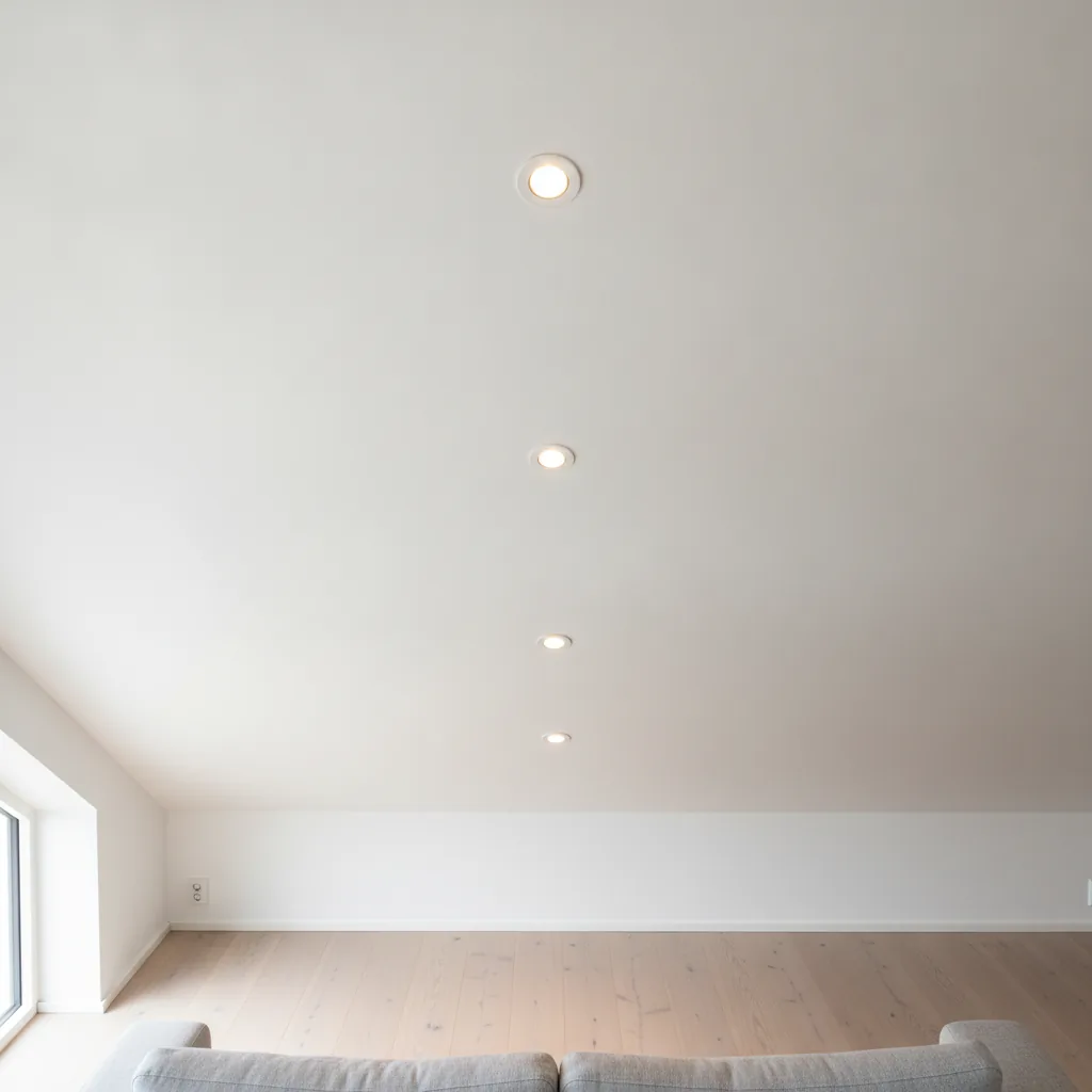 Weiße Dachschräge in einem hellen Wohnzimmer mit vier eingeschalteten, runden weißen Einbaustrahlern in einer Reihe, hellem Dielenboden und der Rückenlehne eines hellgrauen Sofas unten im Bild