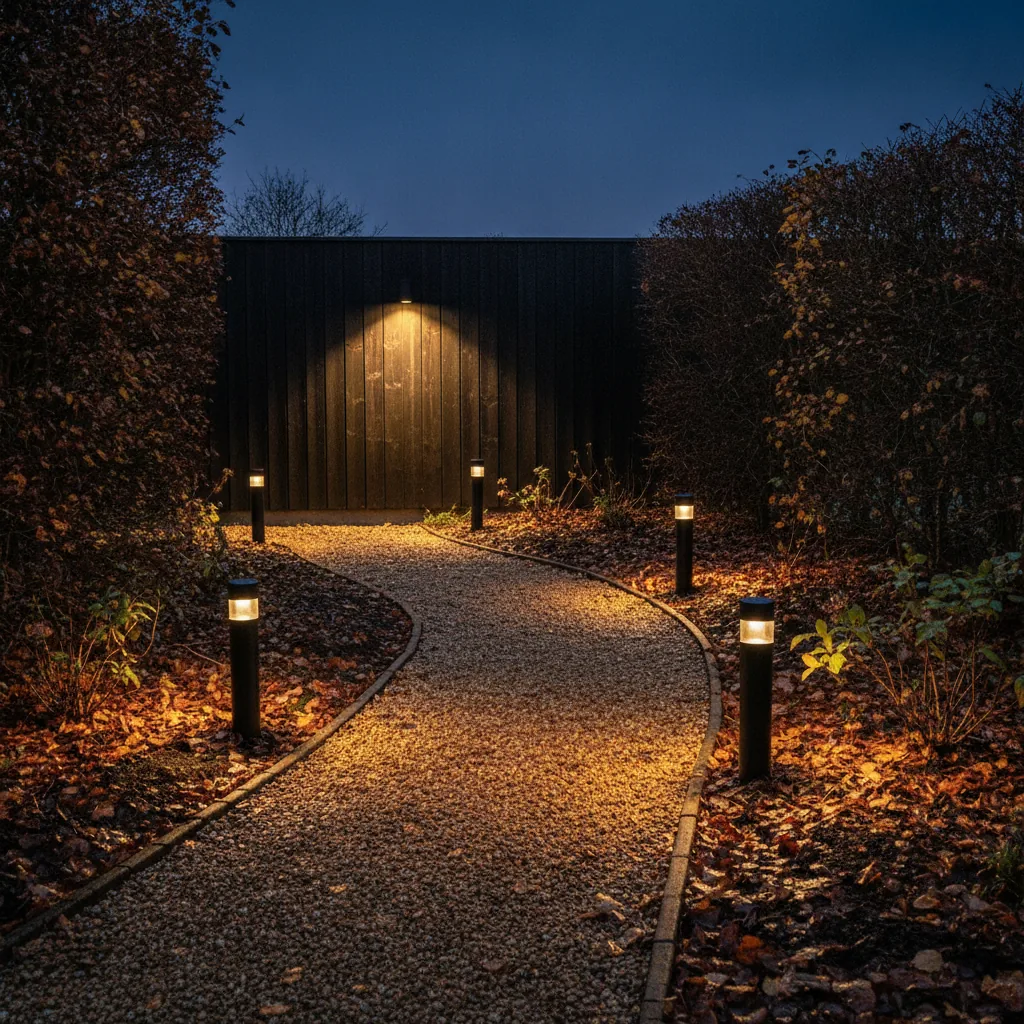 Gartenweg in der Herbstdämmerung mit schwarzen Solar-Erdspießleuchten, die warmweiß entlang des Kieswegs leuchten