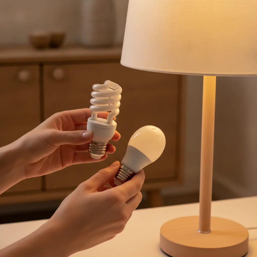 Zwei Hände an einer Tischleuchte mit weißem Schirm: Die eine hält eine weiße, spiralförmige Energiesparlampe, die andere ein mattweißes LED-Leuchtmittel mit Schraubsockel