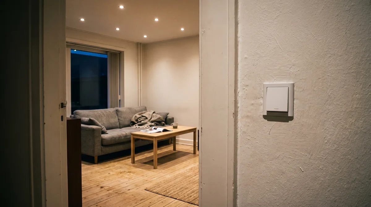 Wohnzimmer am Abend, von der Tür aus gesehen, mit einem weißen Lichtschalter im Vordergrund und einer Reihe gedimmter Einbaustrahler an der Decke