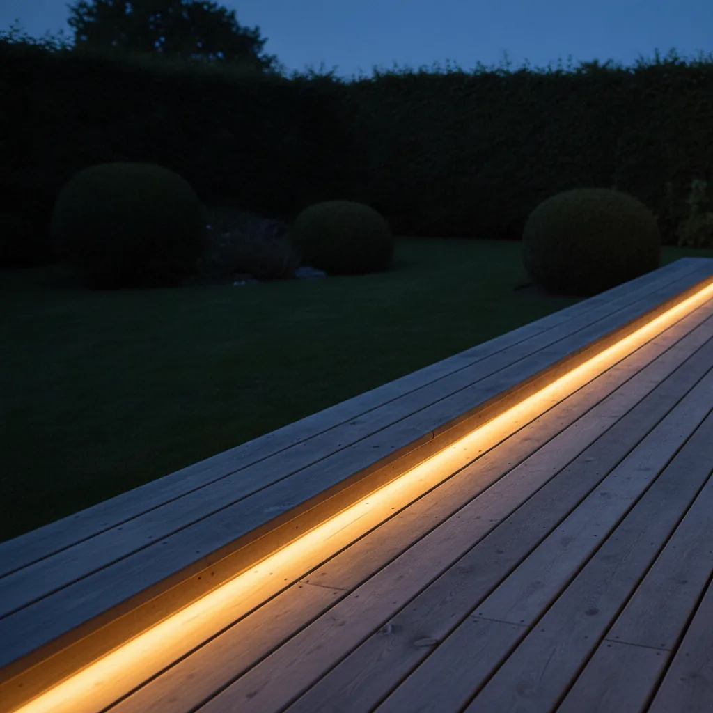 Warmweißer LED-Streifen an der Kante einer Holzterrasse in der Dämmerung mit dem Garten im Hintergrund