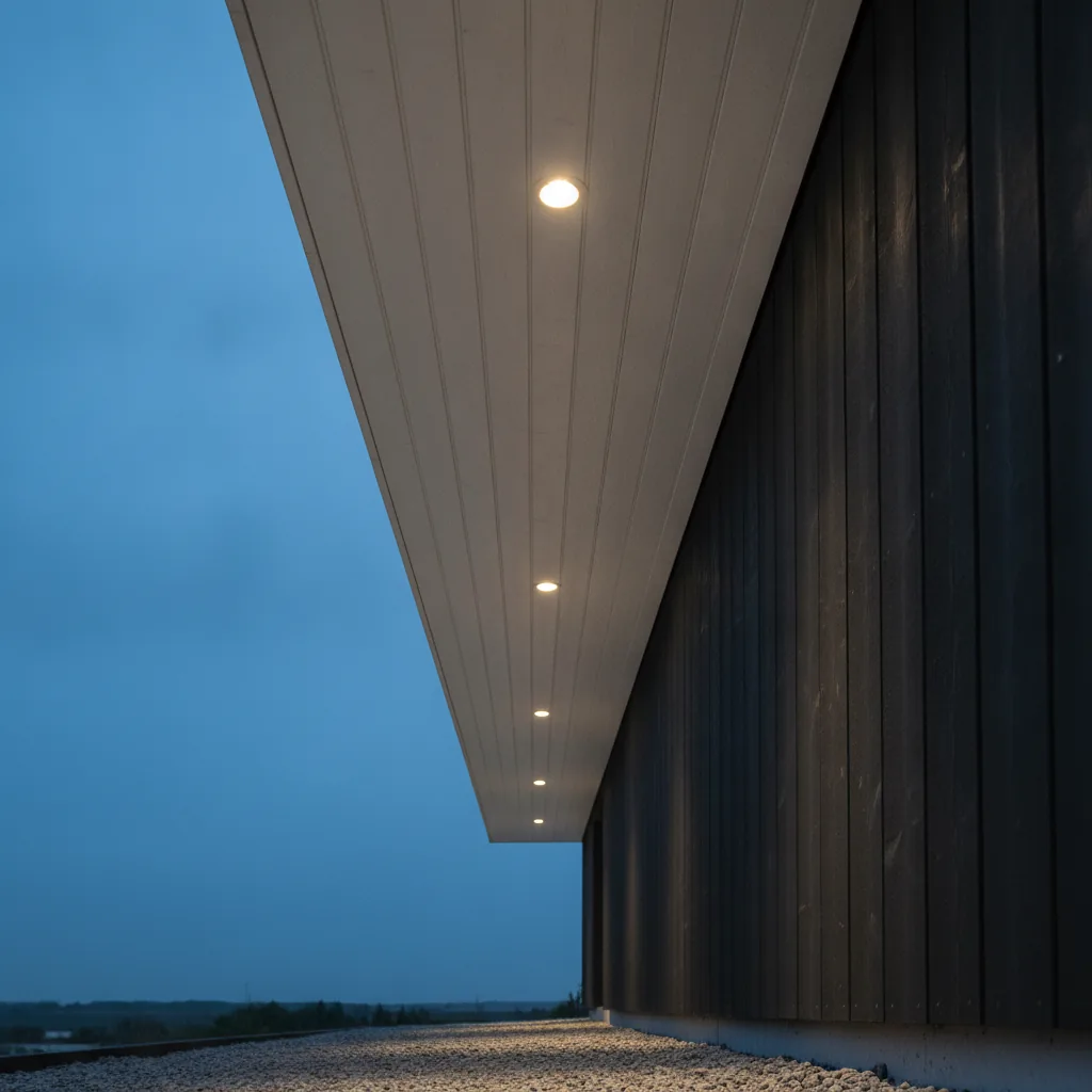 Unterseite eines weißen Dachüberstands in der Dämmerung mit einer Reihe kleiner runder Einbaustrahler, die an einer dunklen Holzfassade und einem Kiesweg entlang nach unten leuchten