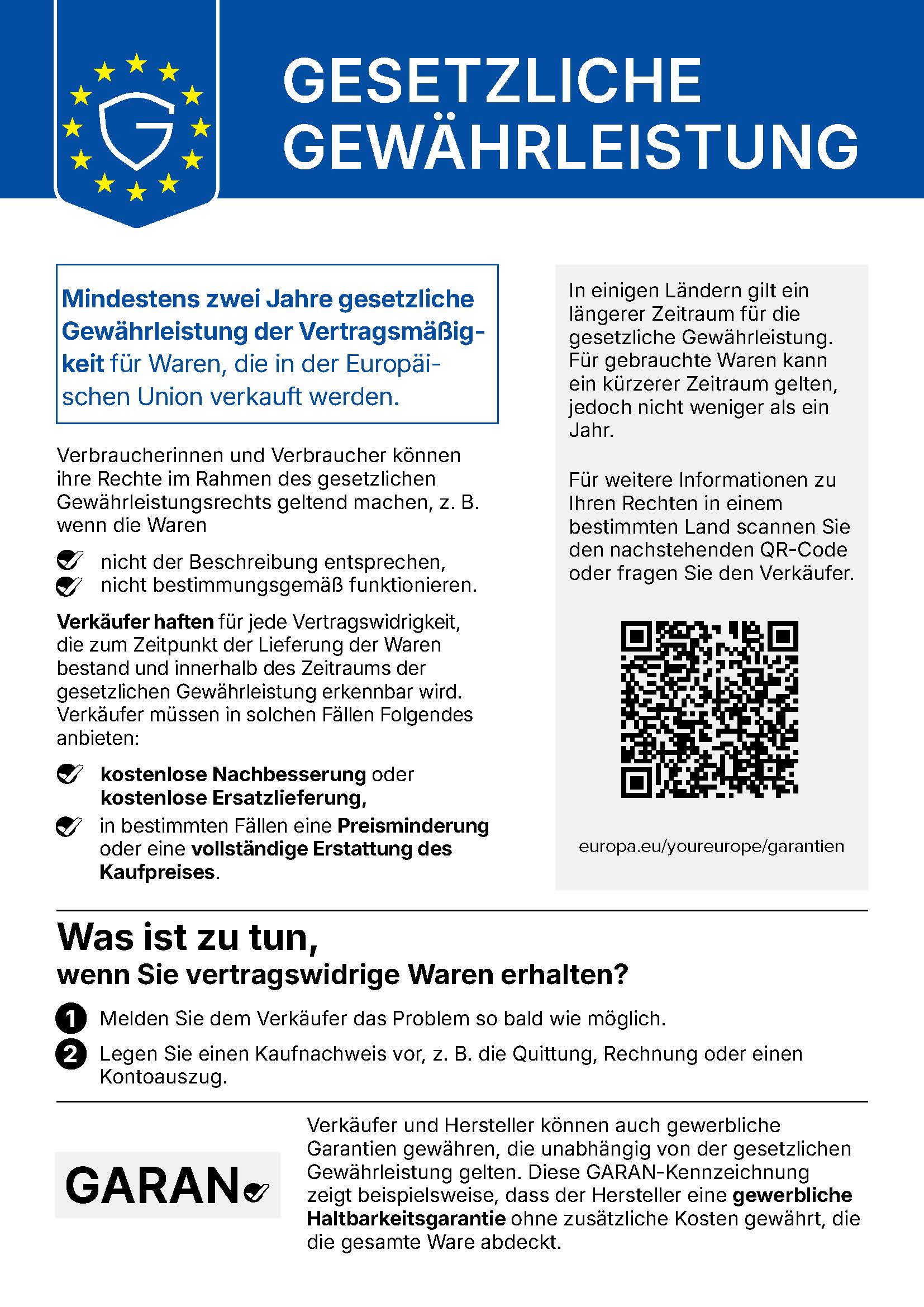 Harmonisierte EU-Mitteilung zur gesetzlichen Gewährleistung – mindestens 2 Jahre Gewährleistung für Waren, die in der Europäischen Union verkauft werden