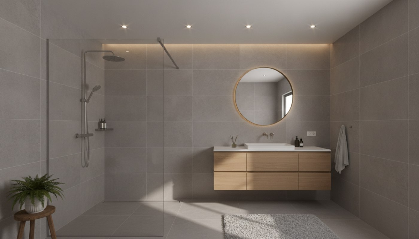 Badezimmer mit Einbaustrahlern an der Decke und begehbarer Dusche