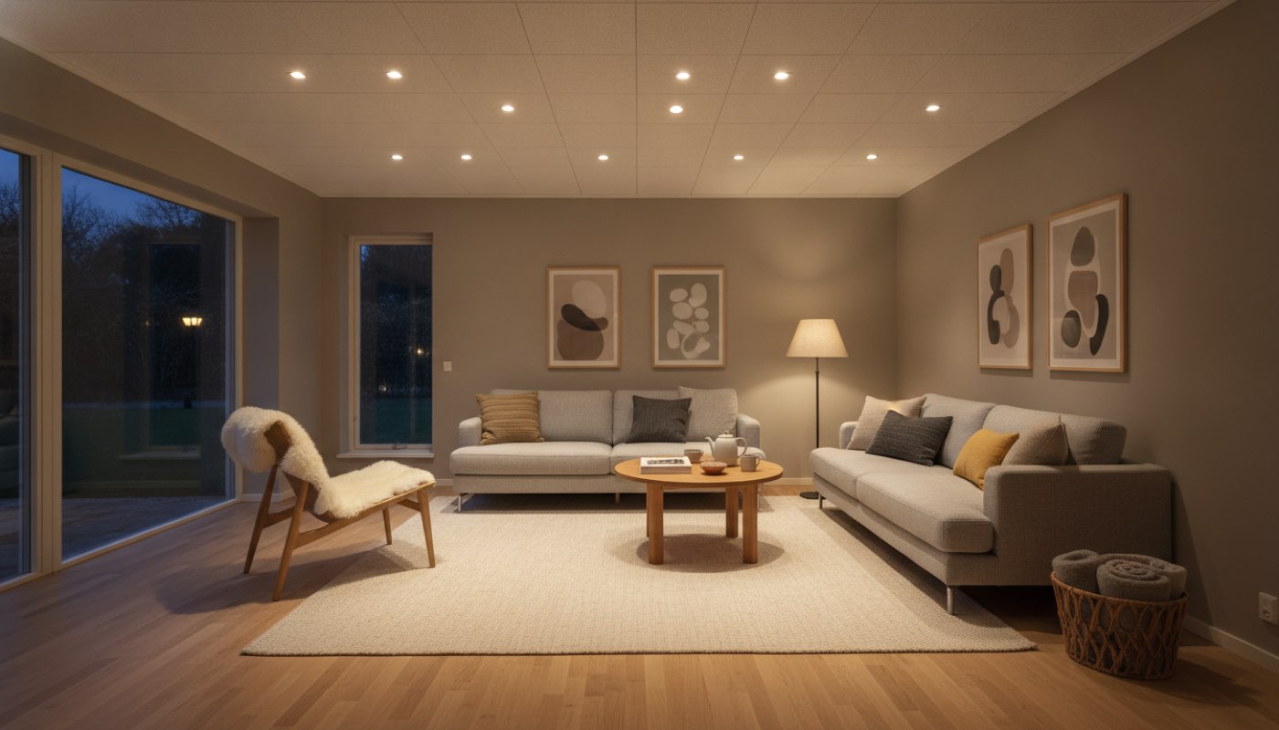 Wohnzimmer mit symmetrisch an der Decke angeordneten Einbaustrahlern