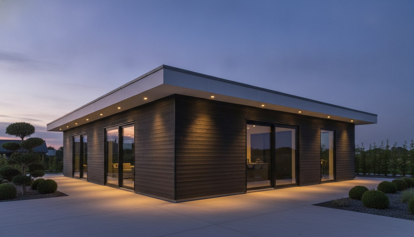Haus in der Dämmerung mit Spots im Dachüberstand, die an der Fassade herunterleuchten