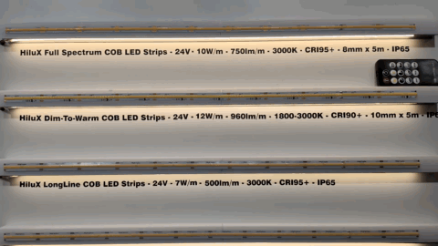 HiluX Dim-To-Warm COB-LED-Streifen wird von 3000 K auf ca. 1800 K gedimmt, daneben Full Spectrum und LongLine